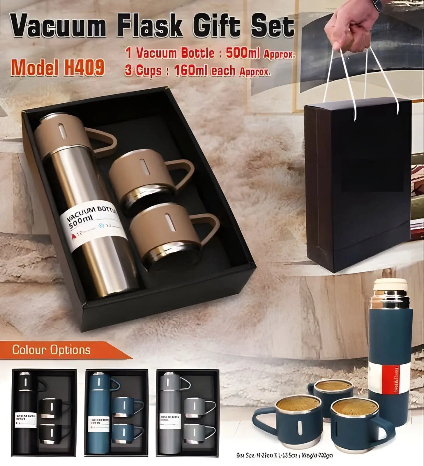 3-in-1 Stainless Steel Flask Set – Double-Layer Thermos Bottle with 3 Drinking Cups