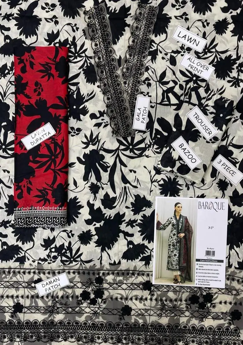 Baroque Unstitched Embroidered 3 Piece Lawn Suit - Image 3