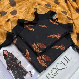 Unstitched black Baroque lawn suit with mustard dupatta and rust feather design