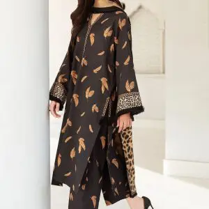 Baroque black lawn suit with feather and leopard print, styled with mustard dupatta