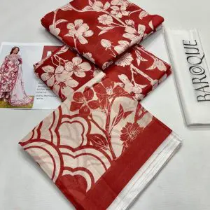Unstitched Baroque maroon Banadora lawn suit with floral digital print and Voil dupatta