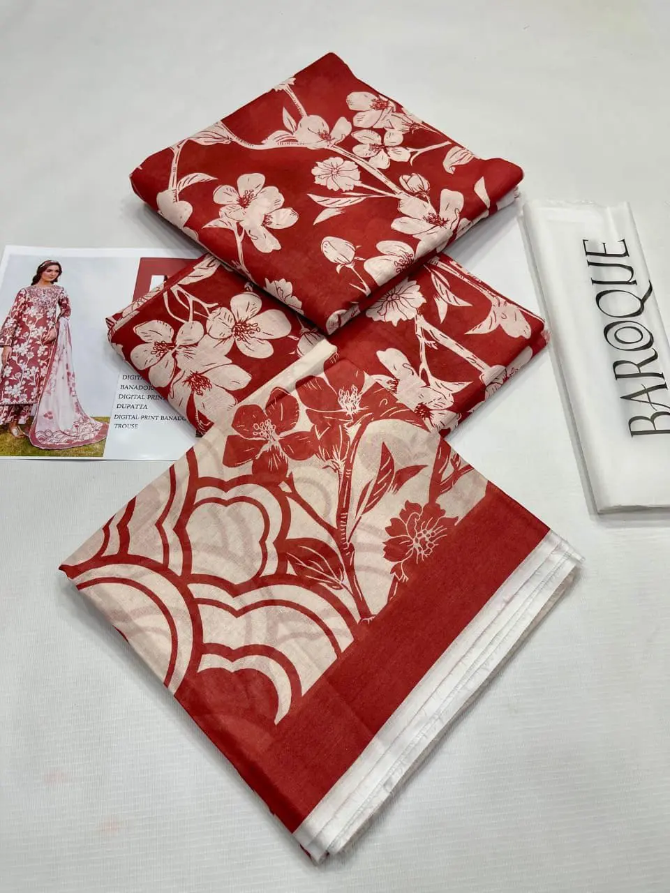 Unstitched Baroque maroon Banadora lawn suit with floral digital print and Voil dupatta