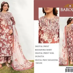 Close-up of neckline embroidery and floral pattern on Baroque Banadora digital print suit, Back and side view of Baroque maroon digital printed lawn suit with light Voil dupatta