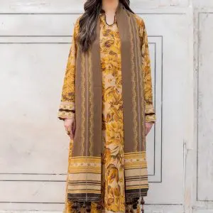 Model wearing mustard-beige Baroque embroidered suit with brown dupatta and ethnic