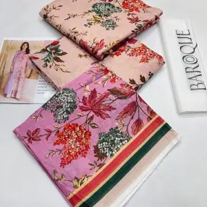 Close-up of floral detailing on Baroque Banadora pink digital printed shirt