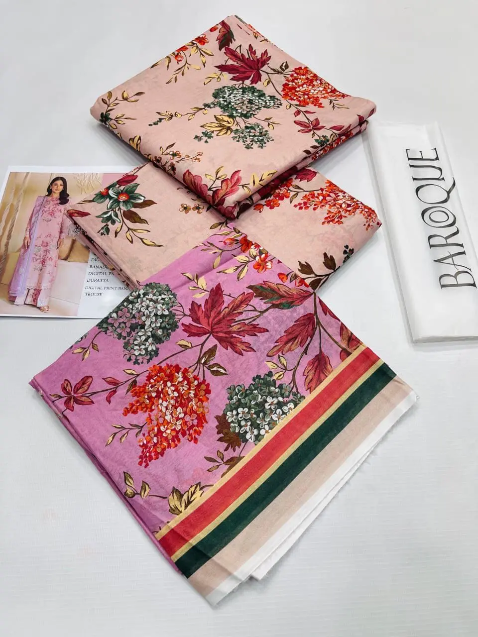 Close-up of floral detailing on Baroque Banadora pink digital printed shirt