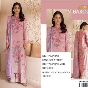 Baroque unstitched pink lawn suit with floral digital print and Voil dupatta – front view, Back view of Baroque pink digital print suit with matching dupatta and wide-leg trousers