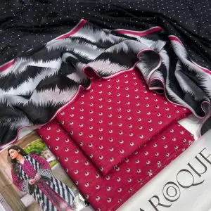 Flatlay of Baroque pink lawn suit with printed dupatta and folded shirt fabric