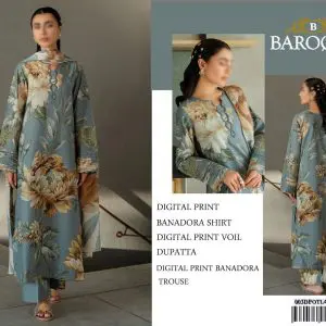 Teal blue floral Baroque lawn suit with digital printed voile dupatta and Banadora trousers.