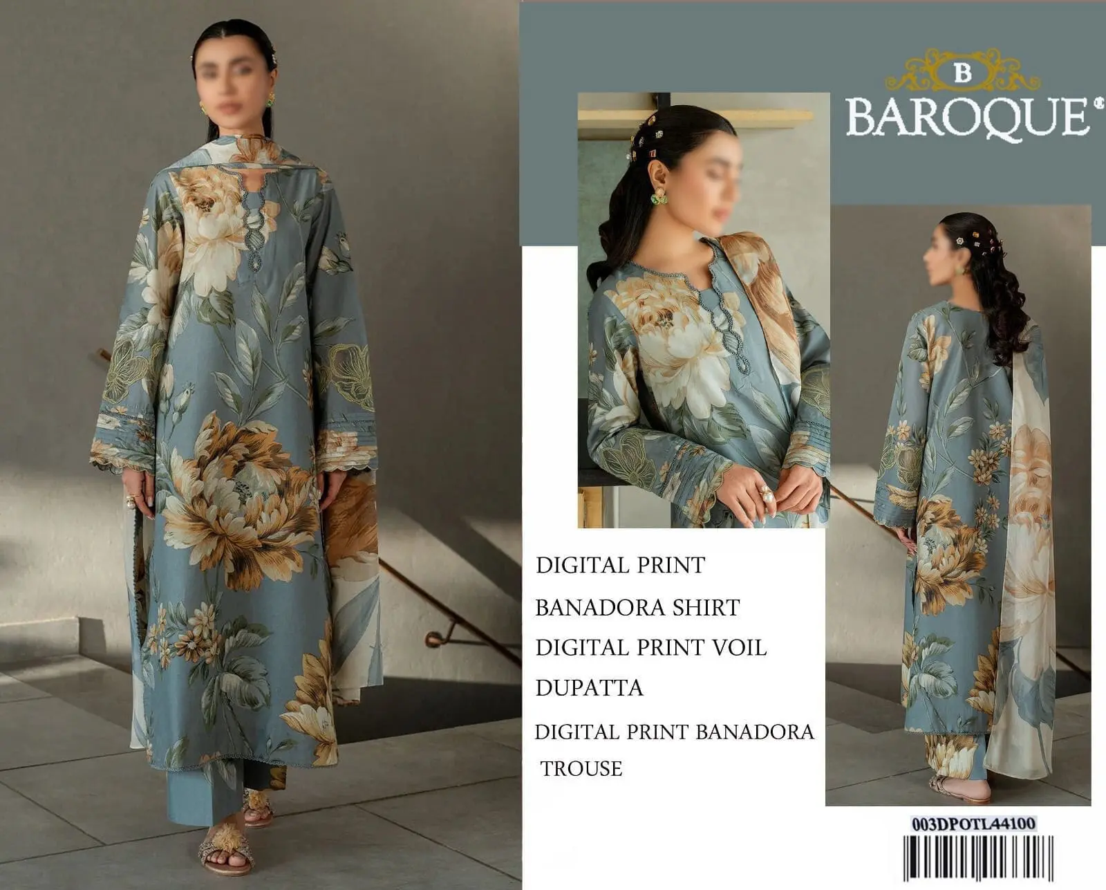 Teal blue floral Baroque lawn suit with digital printed voile dupatta and Banadora trousers.