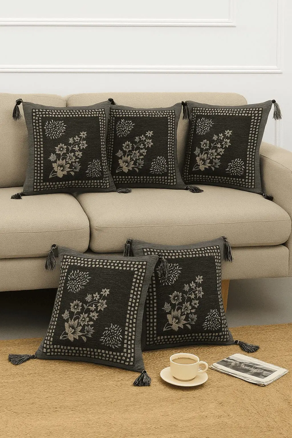 5-piece black cushion cover set with stylish design for home décor