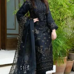 Dananeer zinc 3-piece lawn suit with front and sleeve embroidery and embroidered chiffon dupatta