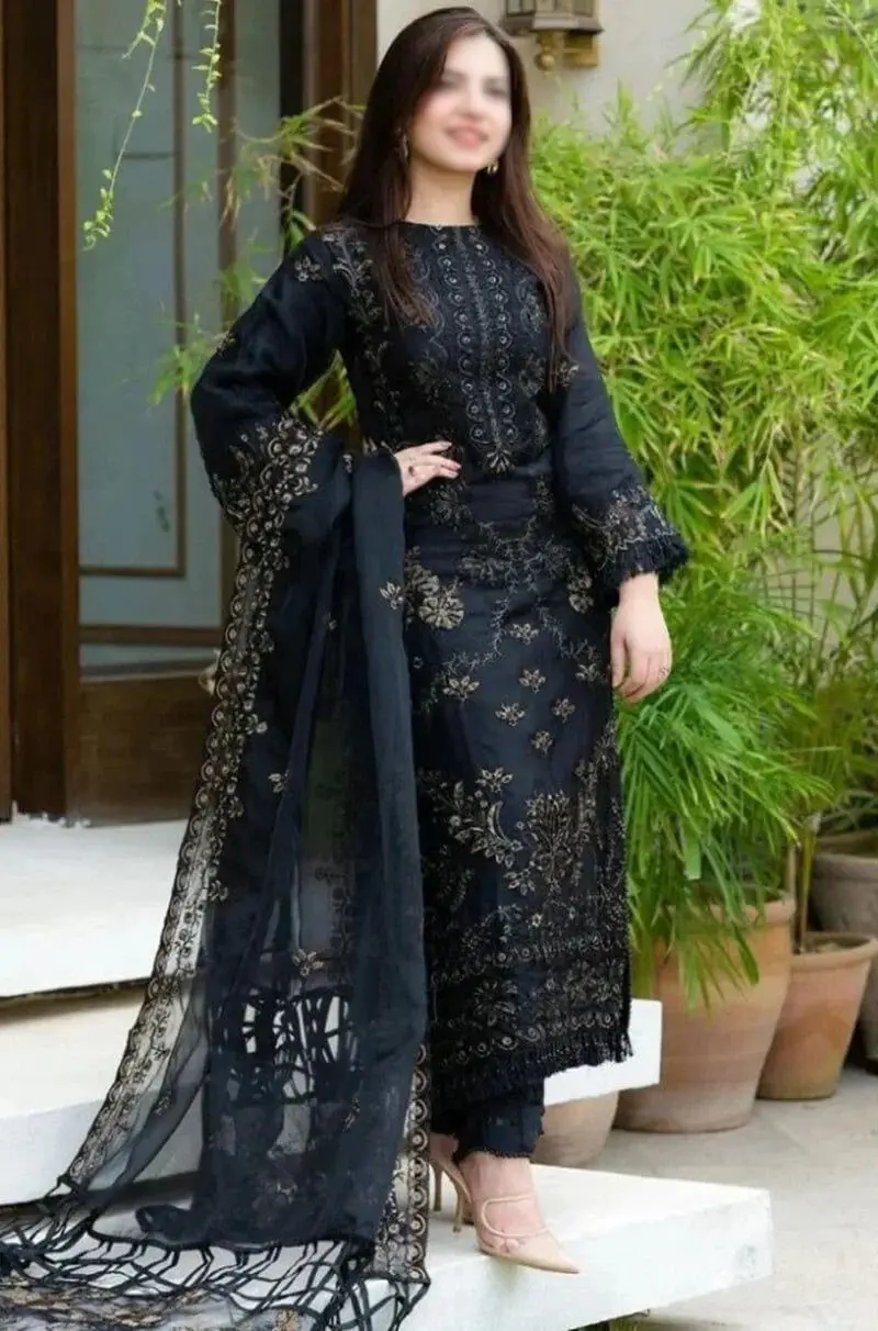 Dananeer zinc 3-piece lawn suit with front and sleeve embroidery and embroidered chiffon dupatta