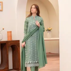 Merakhi 3PC lawn Chickenkari suit with laser-cut embroidery, embroidered sleeves, and green slub dupatta