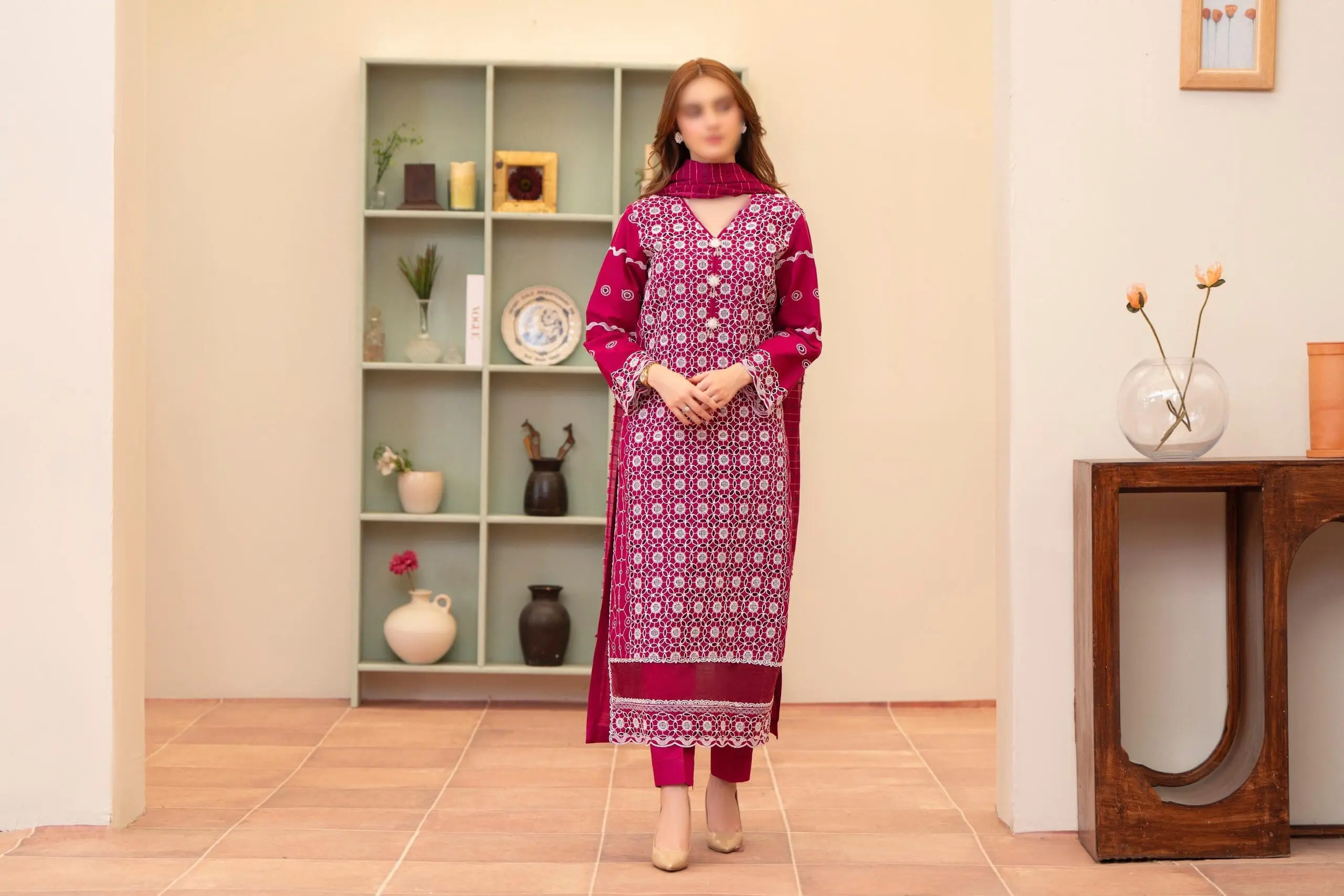Merakhi Red 3pc Lawn Chickenkari Suit Laser-Cut Embroidery - Image 2