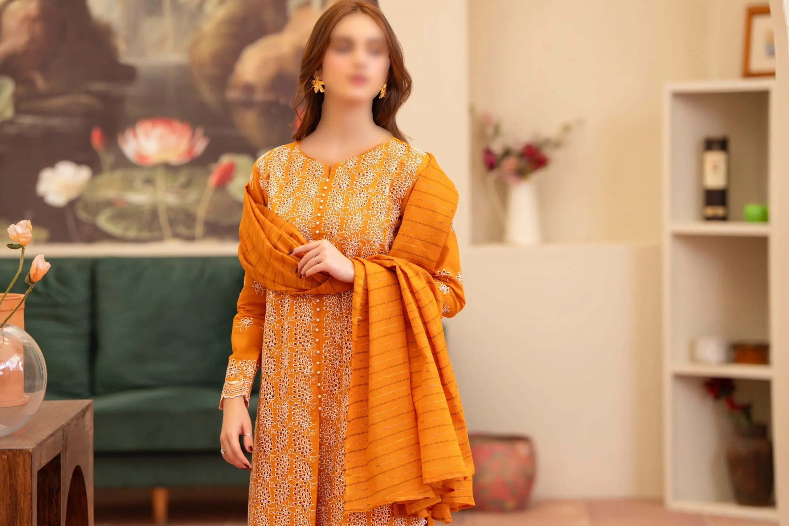 Merakhi Unstitched Mustard Embroidered 3 Piece Lawn Suit - Image 9