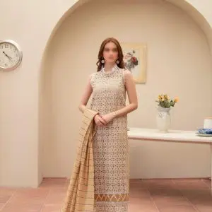 Merakhi 3PC lawn Chickenkari suit with laser-cut embroidery, embroidered sleeves, and skin slub dupatta