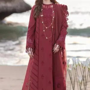 Model wearing Qalamkar Summer Lawn 2025 unstitched embroidered lawn suit, styled with lightweight dupatta – showcasing elegant seasonal fashion for women