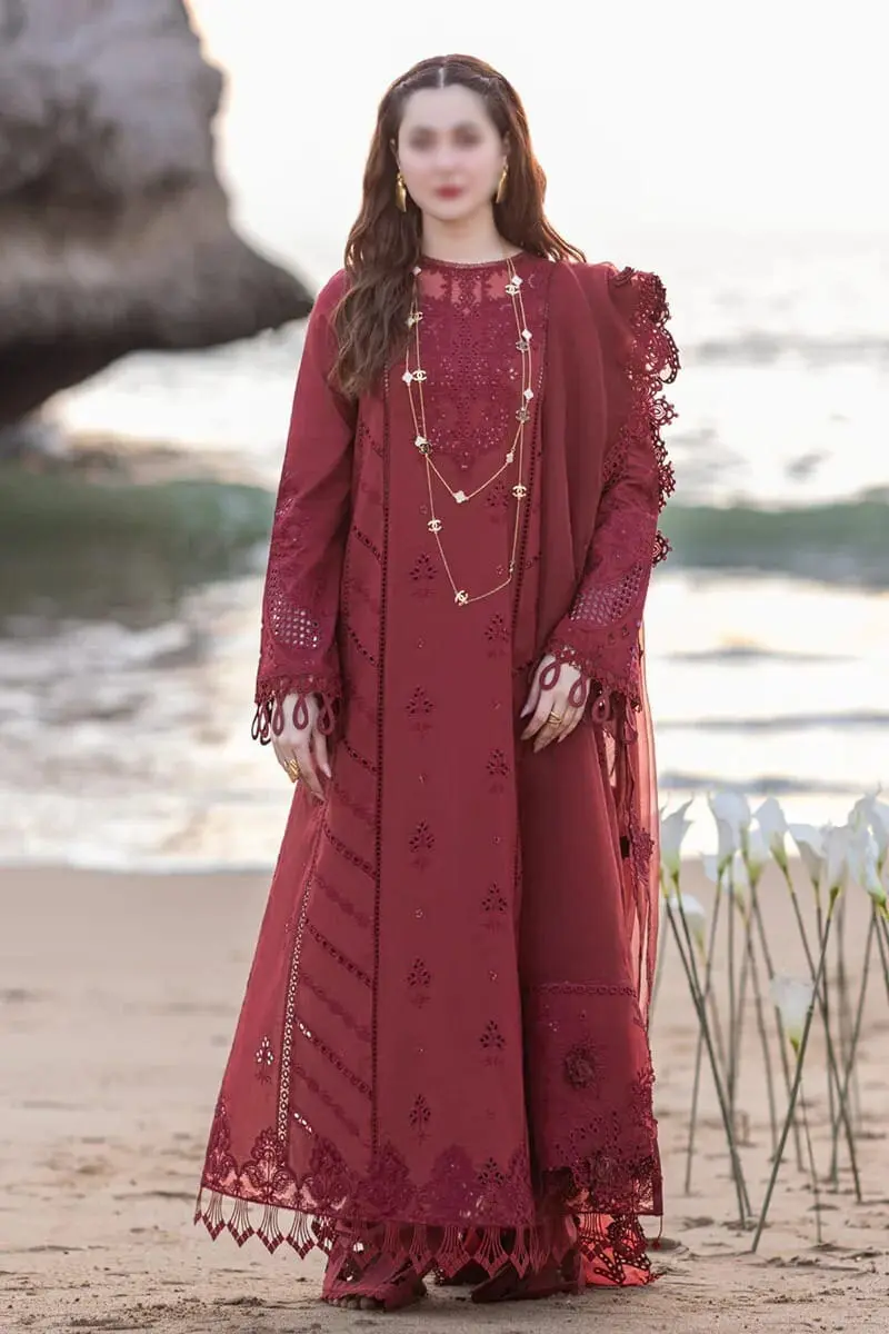 Model wearing Qalamkar Summer Lawn 2025 unstitched embroidered lawn suit, styled with lightweight dupatta – showcasing elegant seasonal fashion for women