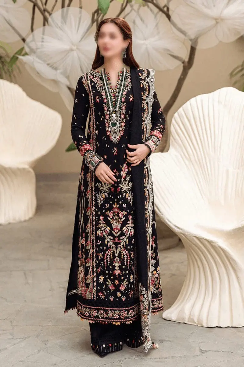 Qalamkar black embroidered cotton suit with khaddi net dupatta – front view showing intricate threadwork and elegant contrast detailing