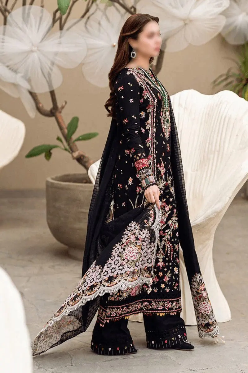 Qalamkar Unstitched Black Embroidered 3 Piece Cotton Suit - Image 2