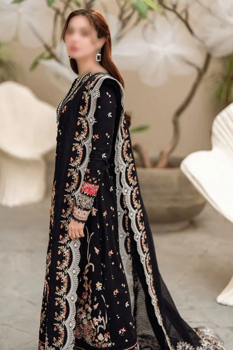 Qalamkar Unstitched Black Embroidered 3 Piece Cotton Suit - Image 3