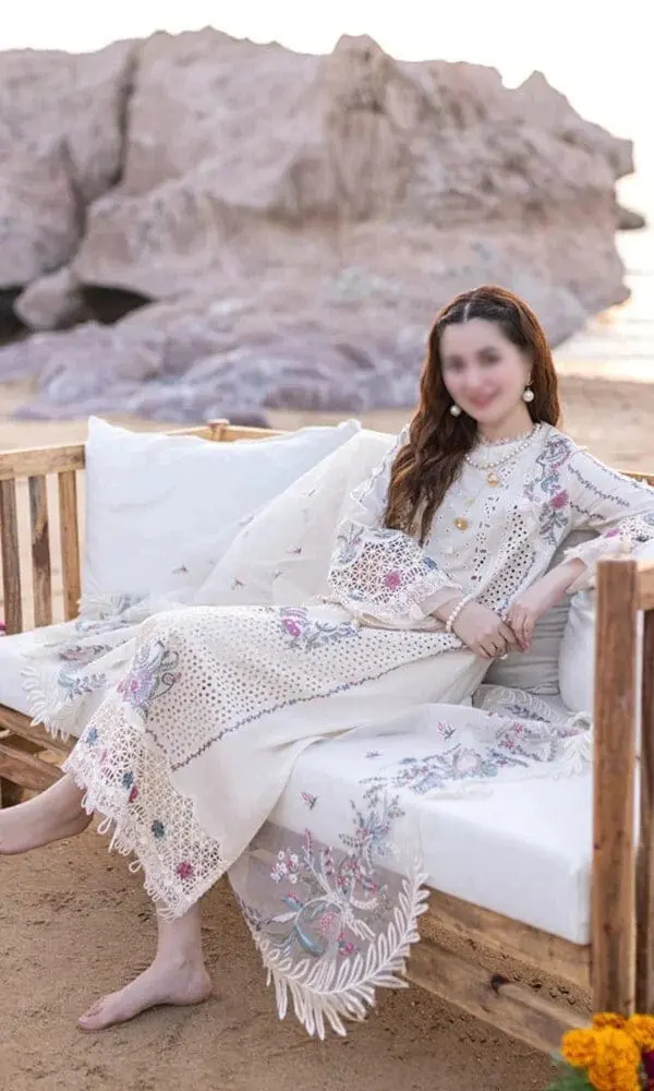 Qalamkar Unstitched Off White Embroidered 3 Piece Lawn Suit - Image 3