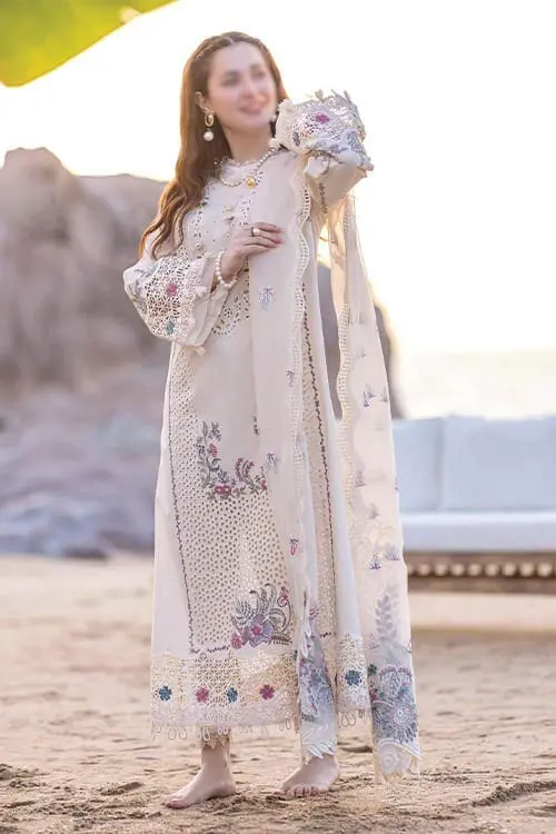 Qalamkar Unstitched Off White Embroidered 3 Piece Lawn Suit - Image 4