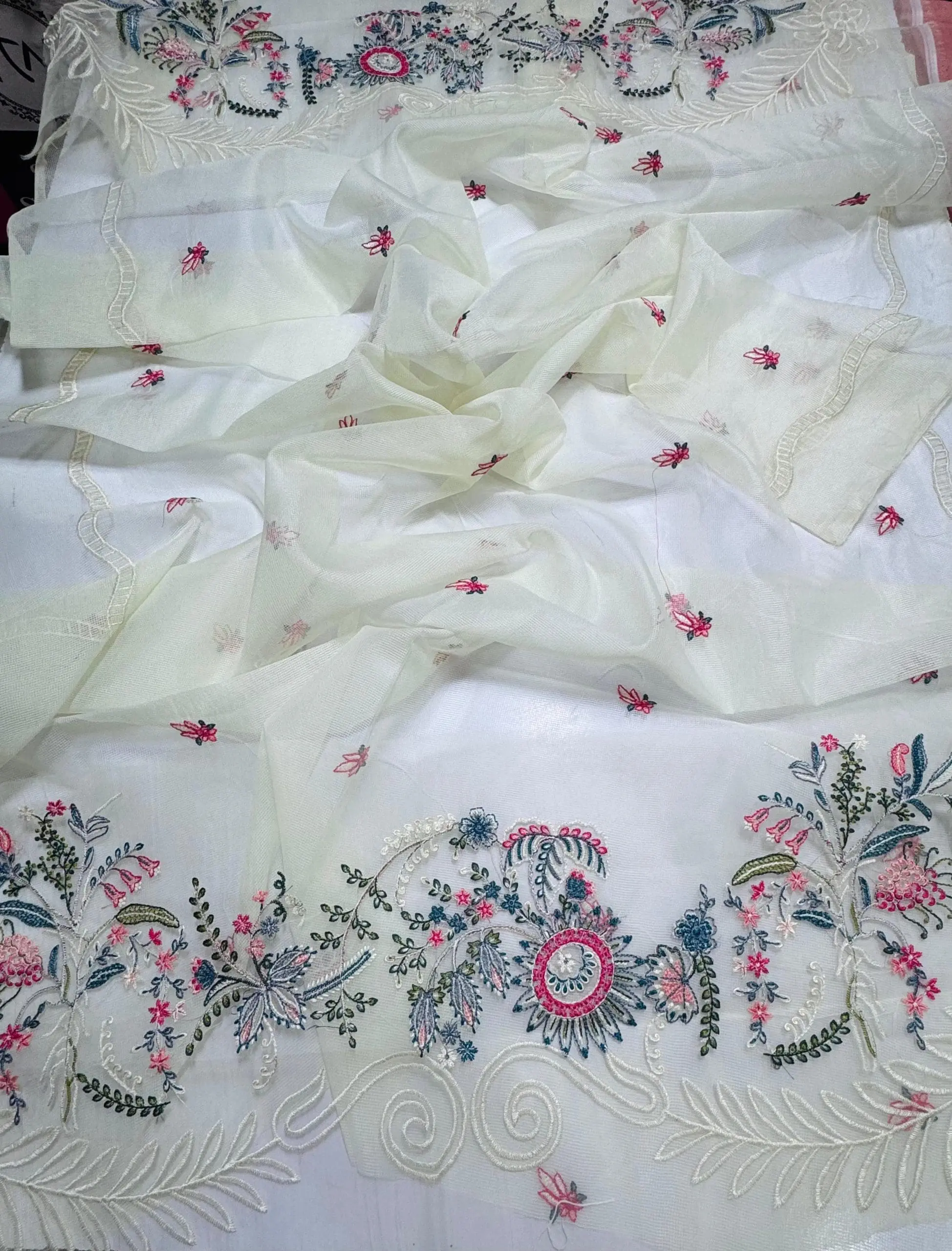 Qalamkar Unstitched Off White Embroidered 3 Piece Lawn Suit - Image 6