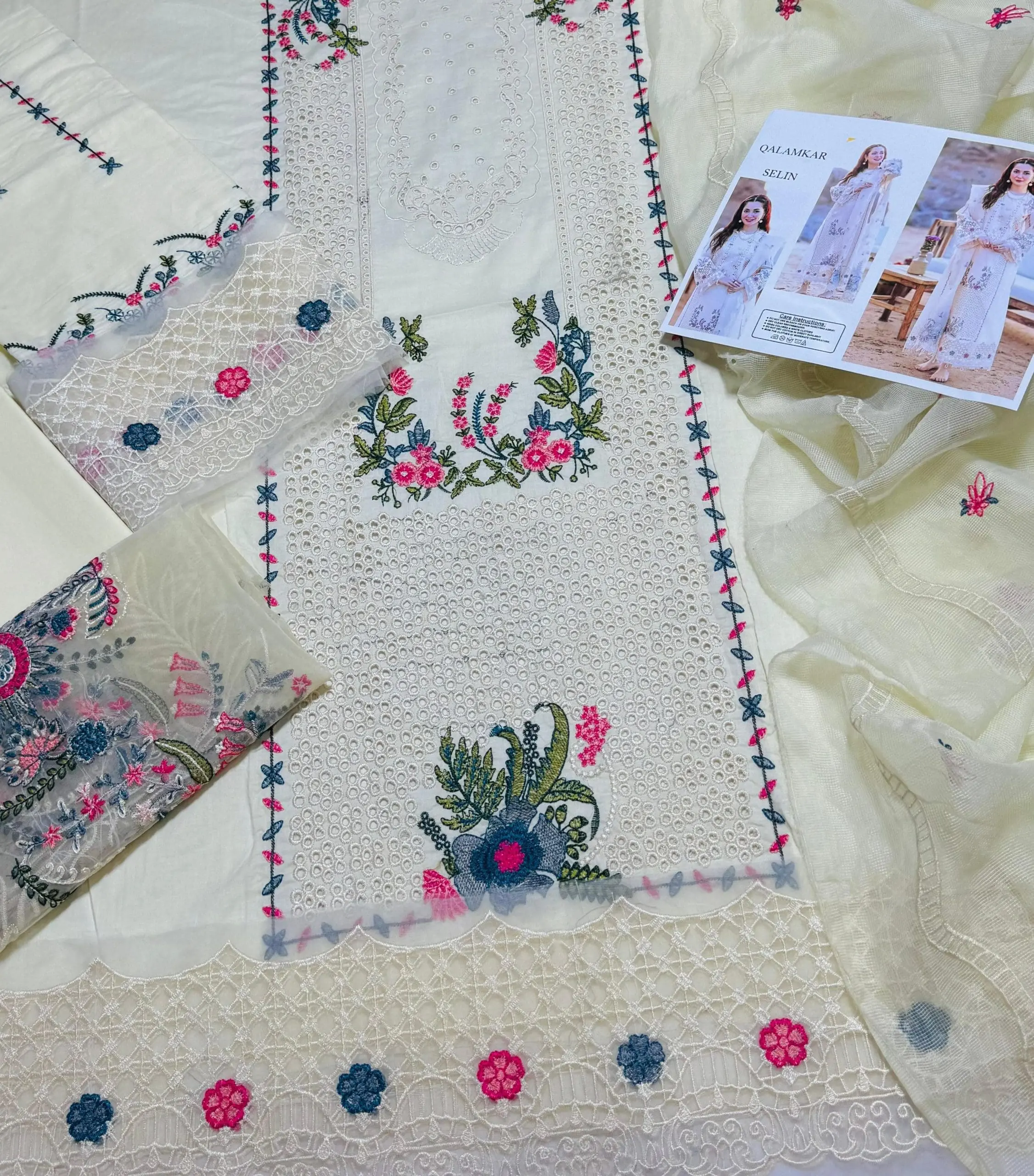 Qalamkar Unstitched Off White Embroidered 3 Piece Lawn Suit - Image 8