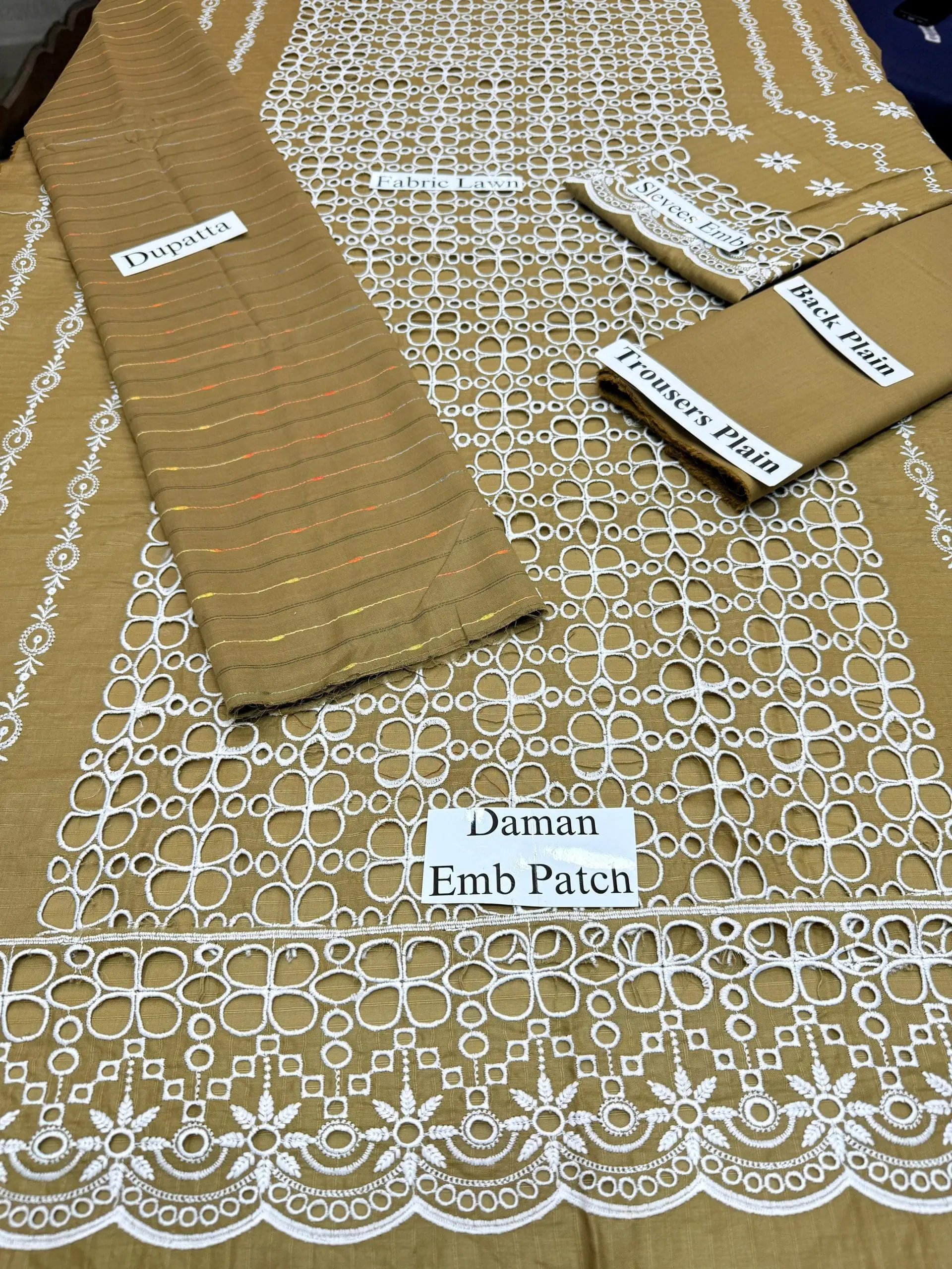 Merakhi Unstitched Golden Chickenkari 3 Piece Lawn Suit - Image 3