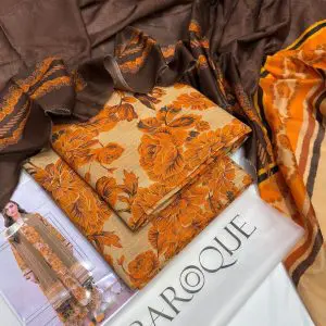 Mustard beige unstitched Baroque lawn suit with printed dupatta and floral design