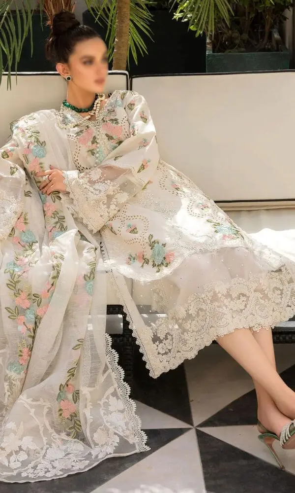 White Unstitched Embroidered 3 Piece Lawn Suit - Image 3