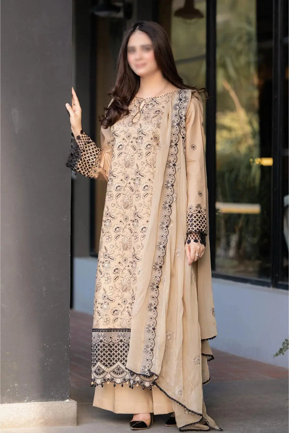 Breeze Unstitched Orchid Cambric 3 Piece Cotton Suit Embroidered