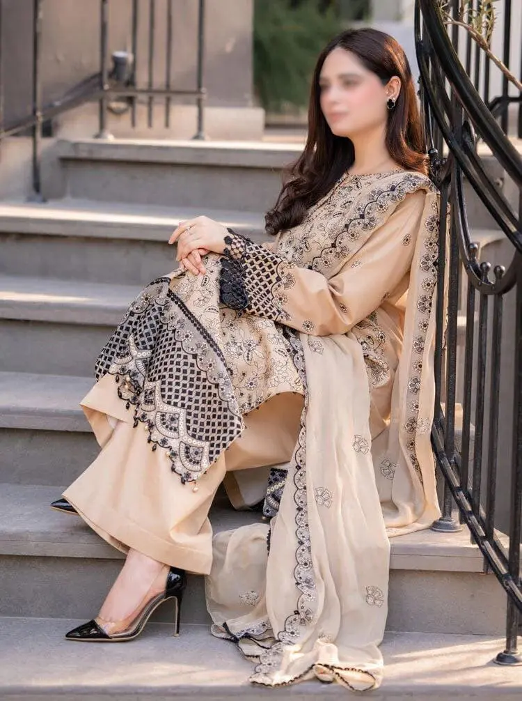 Breeze Unstitched Orchid Cambric 3 Piece Cotton Suit Embroidered - Image 2