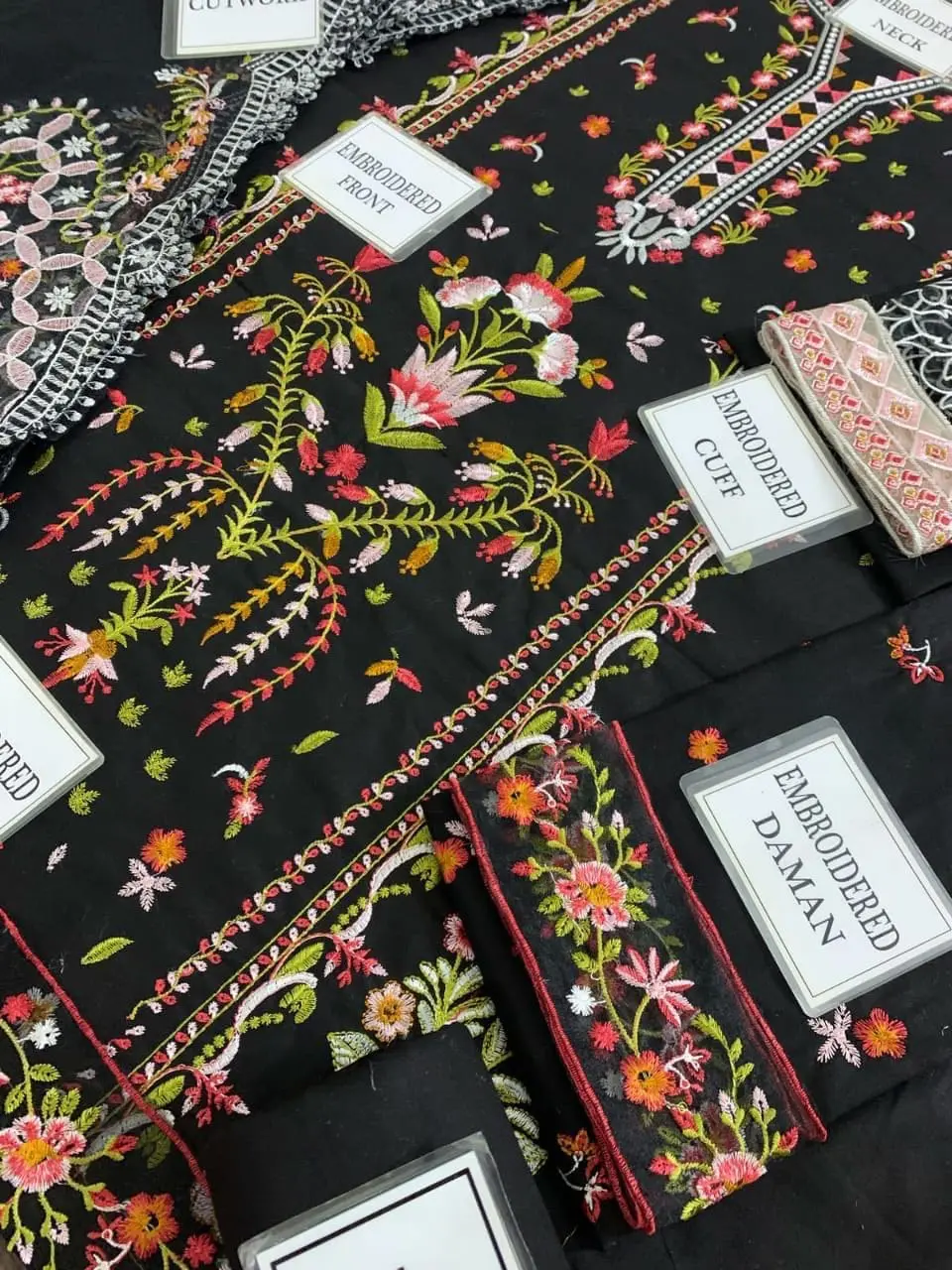 Qalamkar Unstitched Black Embroidered 3 Piece Cotton Suit - Image 8