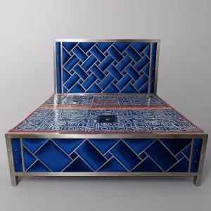 Blue king size stainless steel double bed with sleek metallic frame and modern bedroom interior