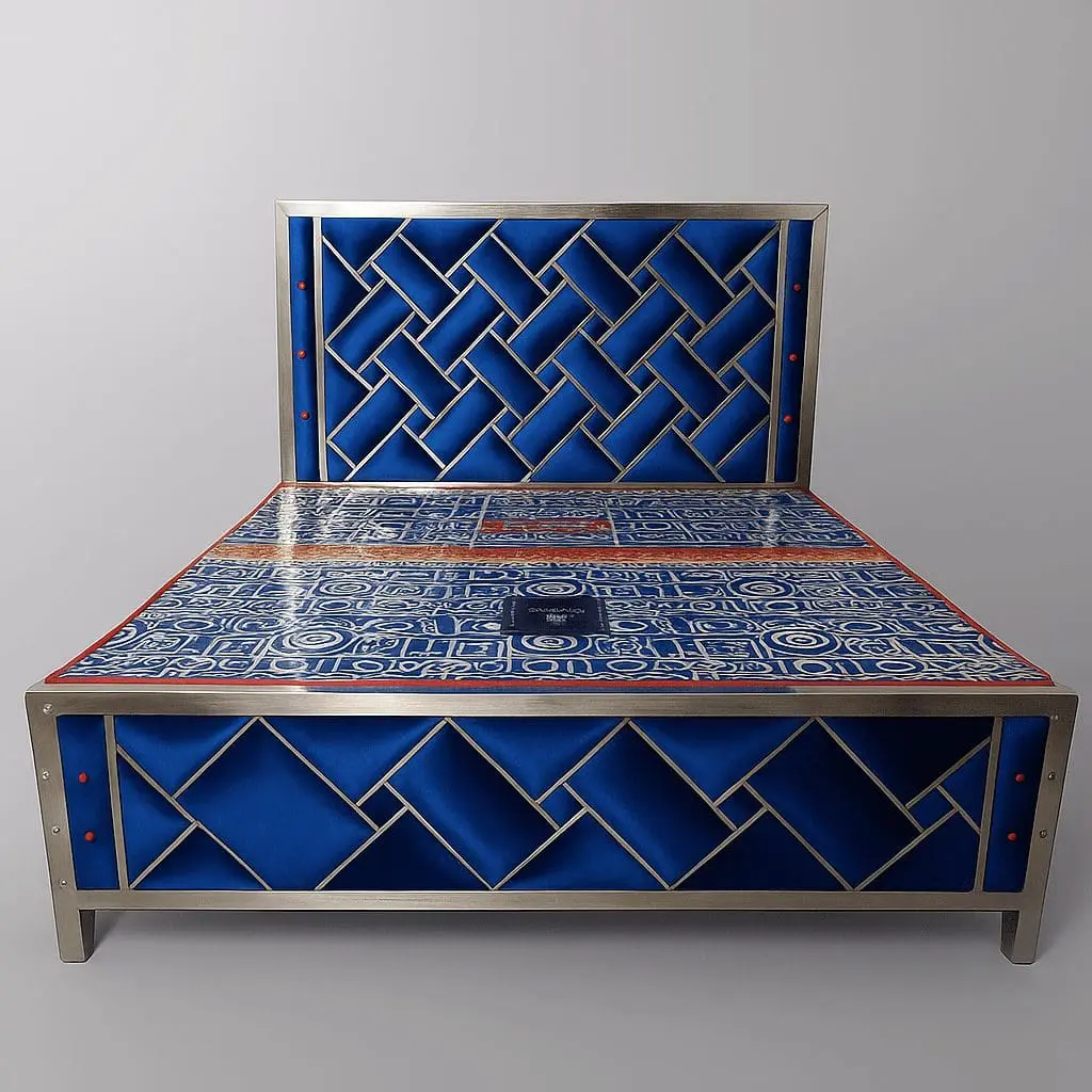 Blue king size stainless steel double bed with sleek metallic frame and modern bedroom interior
