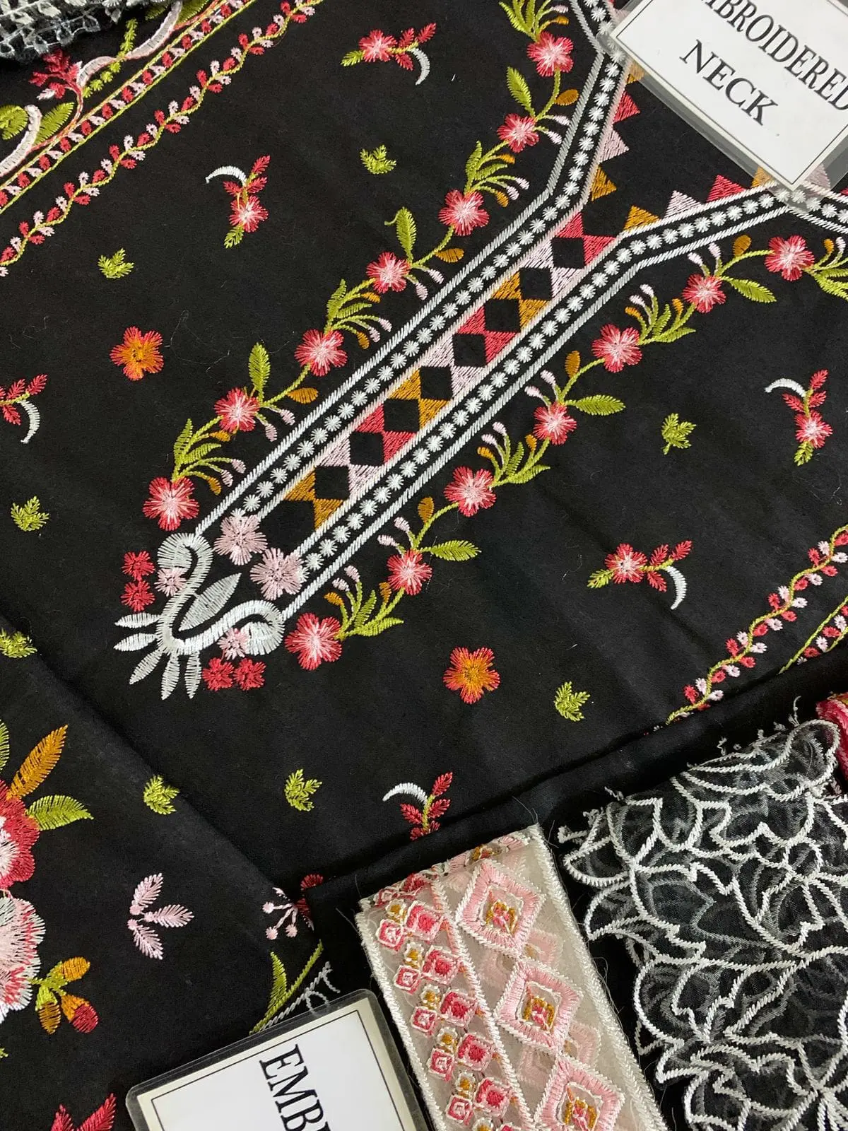 Qalamkar Unstitched Black Embroidered 3 Piece Cotton Suit - Image 5