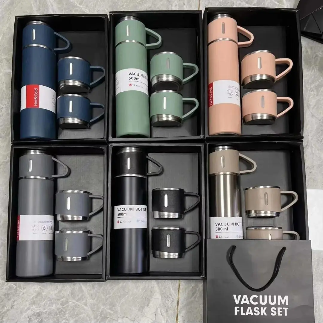 3-in-1 Stainless Steel Flask Set – Double-Layer Thermos Bottle with 3 Drinking Cups - Image 3