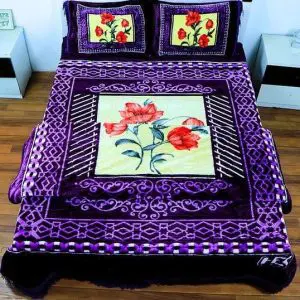 Top view of purple floral velvet blanket set – 4-piece bedding with pillowcases and bedsheet