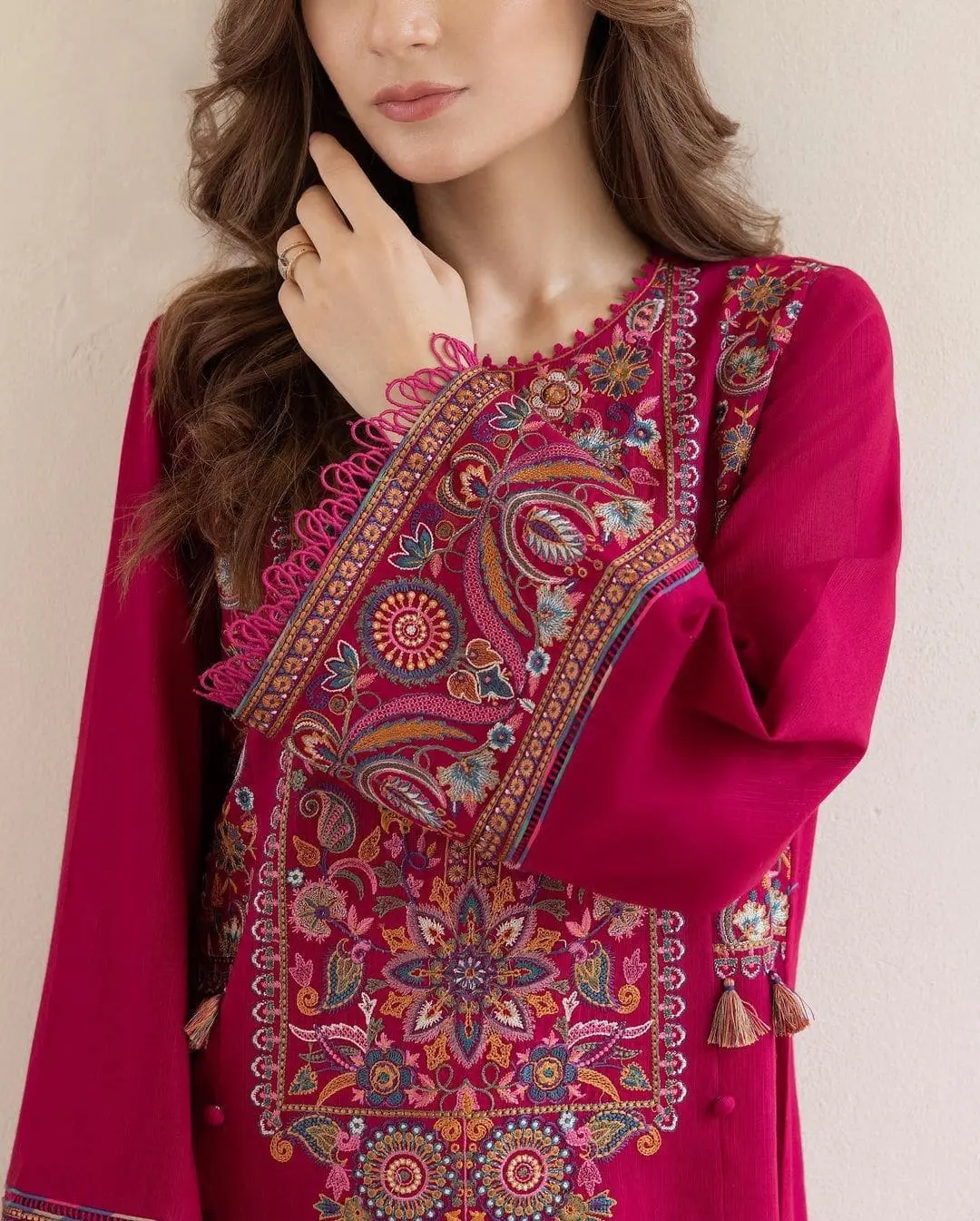 Model displaying front view of unstitched 2 piece airjet lawn suit for summer in breathable fabric