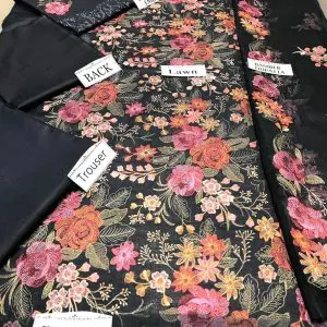 Bareeze black embroidered lawn suit with chiffon dupatta – close-up view highlighting intricate threadwork and fabric texture