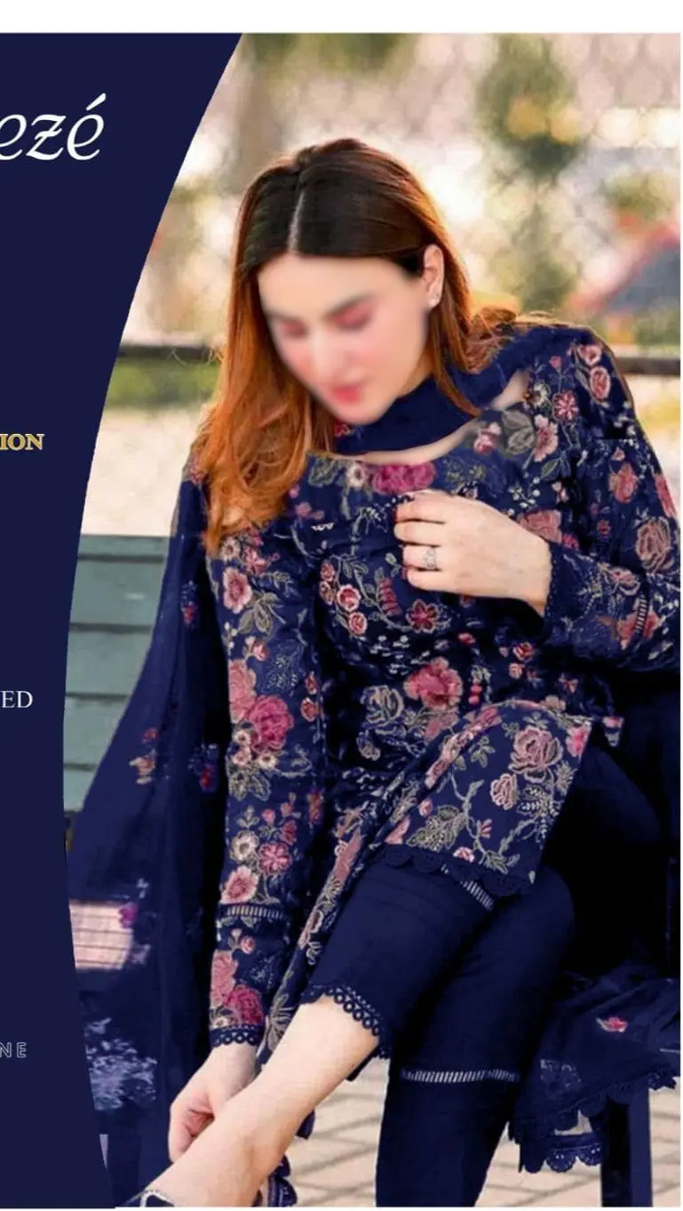 Model wearing Bareeze blue embroidered lawn suit styled with chiffon dupatta, showcasing elegant summer fashion