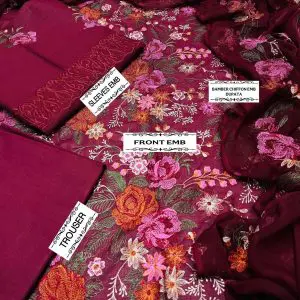 Flat lay of Bareeze maroon embroidered lawn suit showing floral embroidered front, embroidered sleeves, chiffon dupatta, and dyed trouser