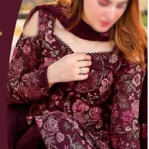 Model wearing Bareeze maroon embroidered lawn suit with chiffon dupatta and dyed trouser