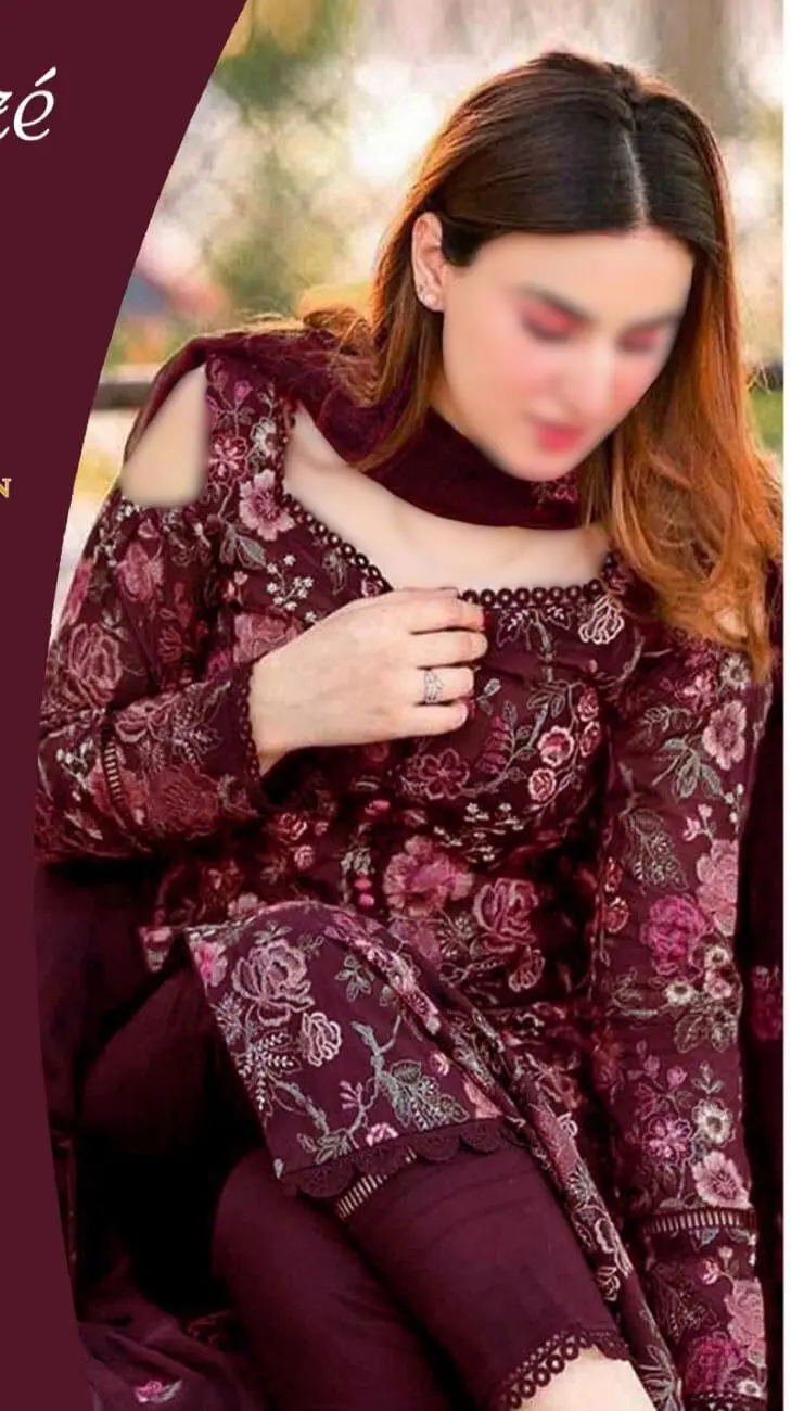 Model wearing Bareeze maroon embroidered lawn suit with chiffon dupatta and dyed trouser