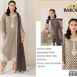Model wearing Baroque digital print cream lawn suit with black printed dupatta – front and side views