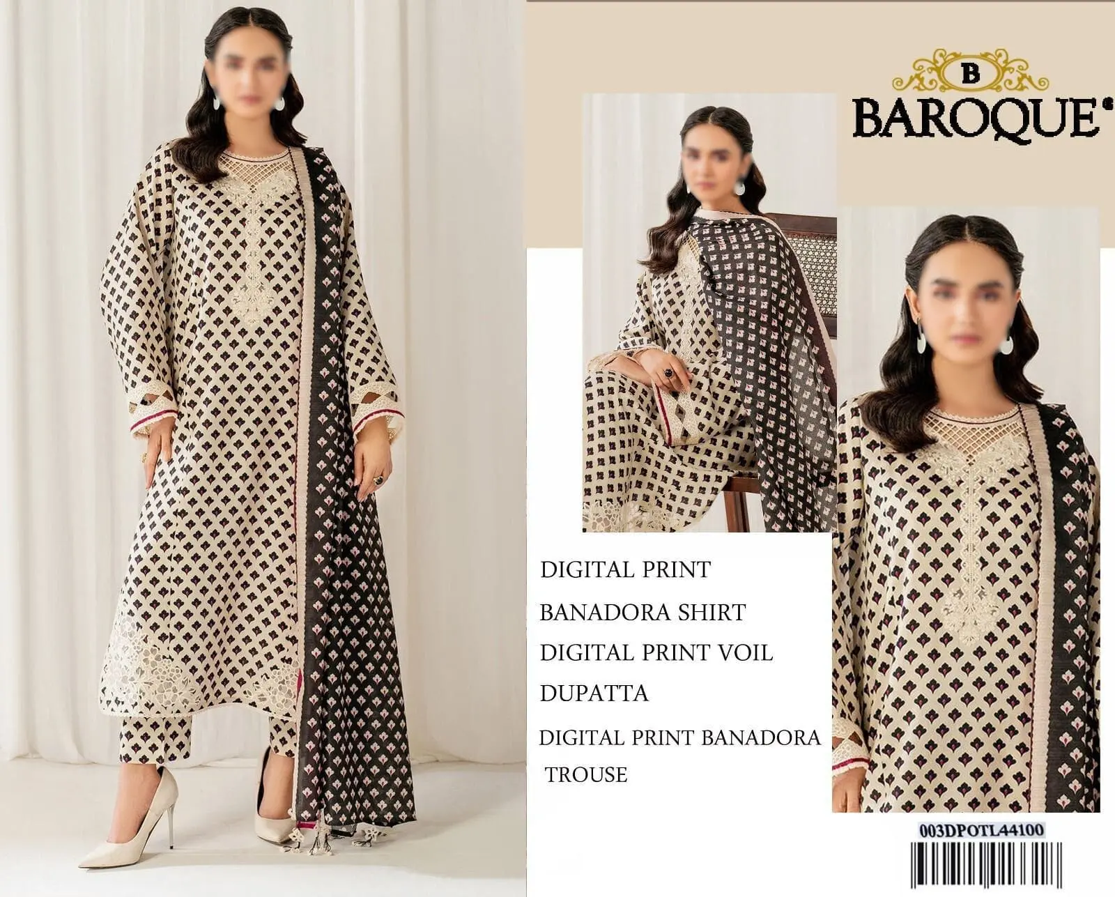 Model wearing Baroque digital print cream lawn suit with black printed dupatta – front and side views