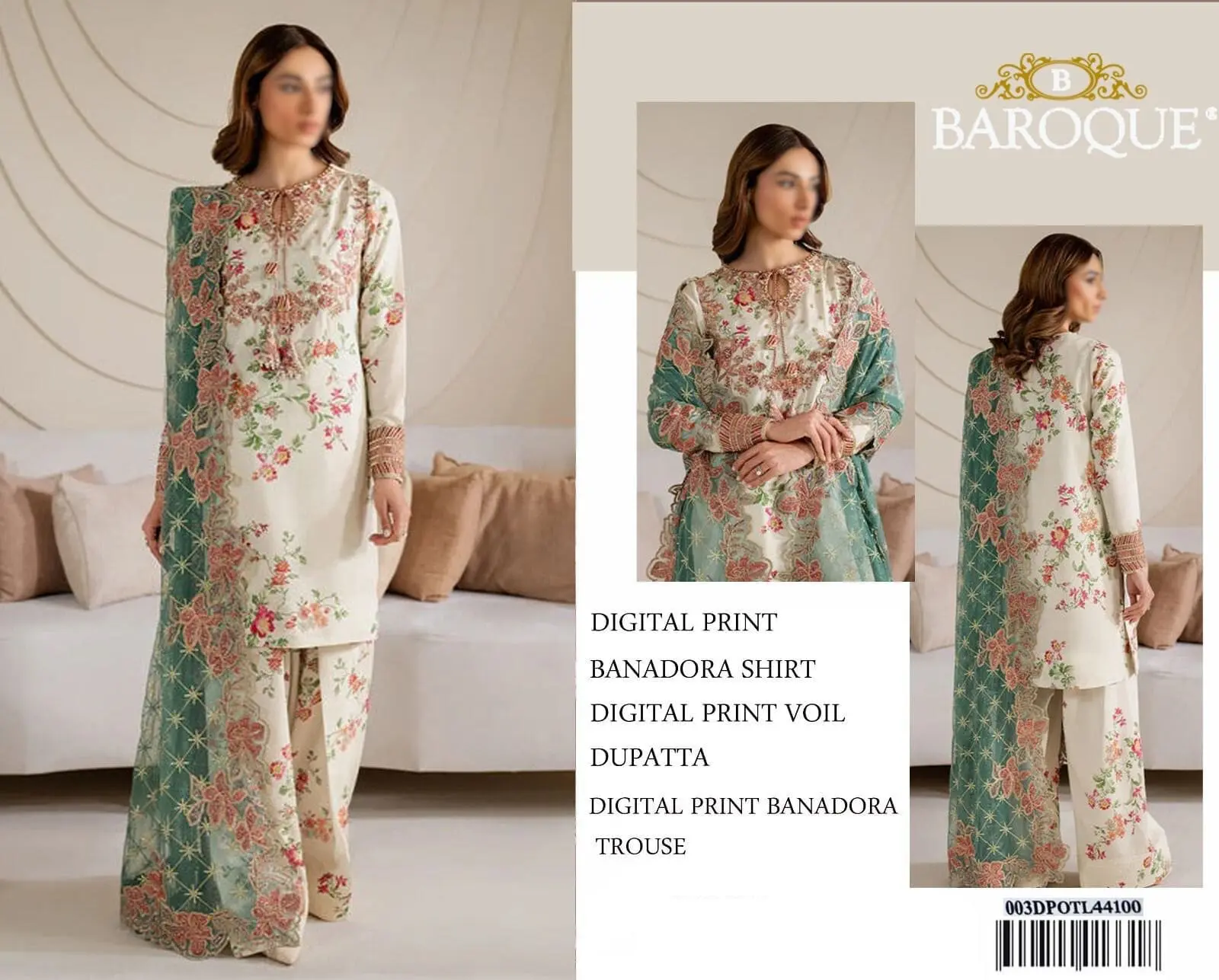 Baroque off-white lawn suit with floral print and green embroidered voile dupatta
